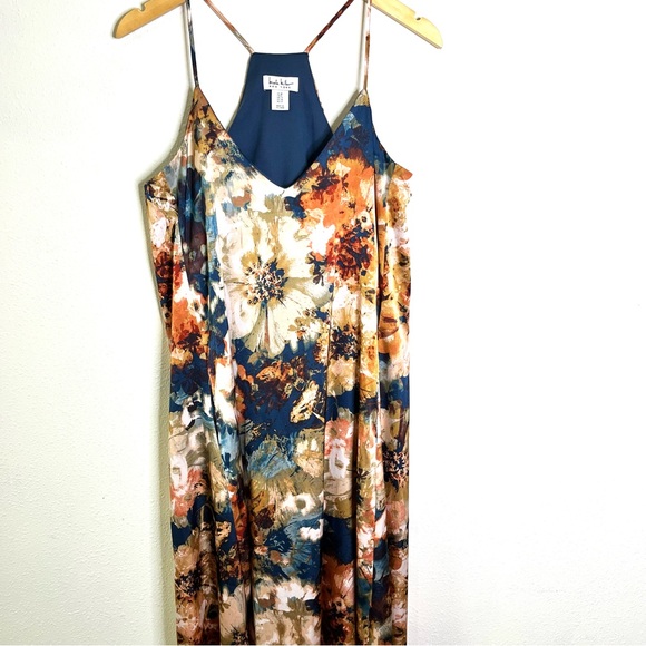 Nicole Miller New York Blue gold floral gown maxi dress sz M sleeveless evening - Picture 3 of 9
